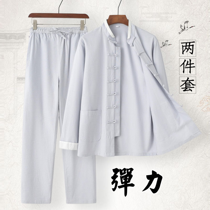 中国风唐装棉麻弹力盘扣休闲套装