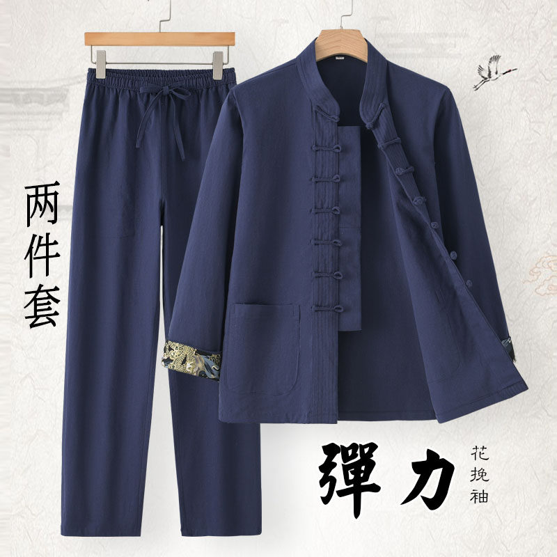弹力唐装棉麻中式复古套装居士服