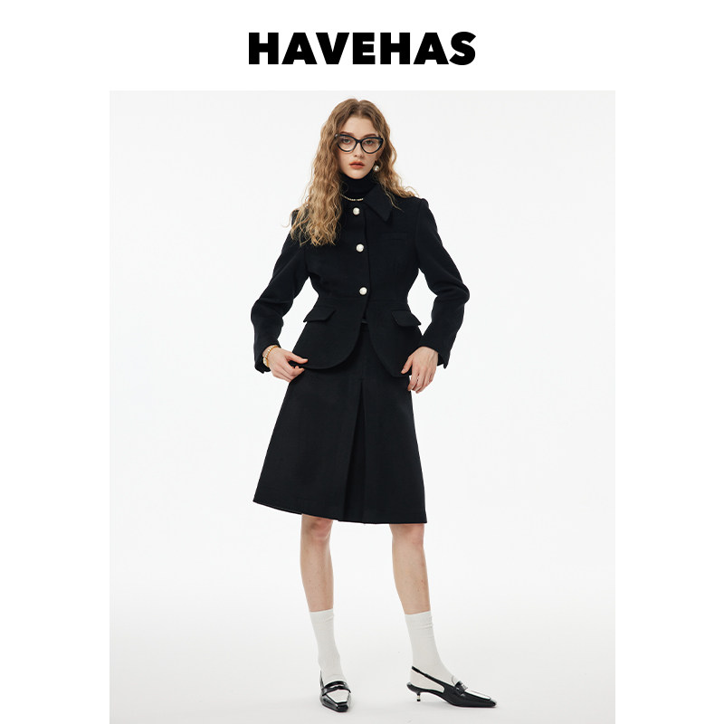HAVEHAS 气质赫本风羊毛双面呢收腰短外套女冬季通勤A字毛呢上衣