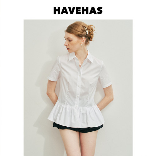 HAVEHAS节奏短诗 府绸长绒全棉法式miu系复古通勤褶皱短袖衬衫
