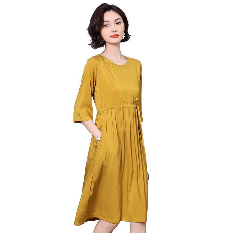 弹力铜氨丝妈妈装连衣裙中长裙夏