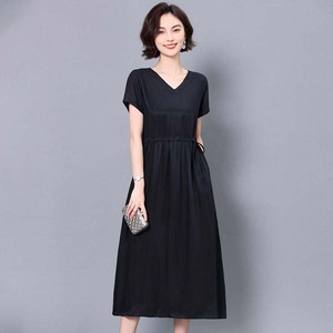 新款夏重磅真铜氨丝短袖七分袖妈妈装连衣裙宽松收腰中老年长裙