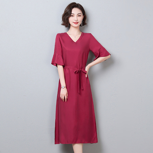 重磅真铜氨丝妈妈装宽松显瘦连衣裙气质纯色收腰五分袖长裙夏装女