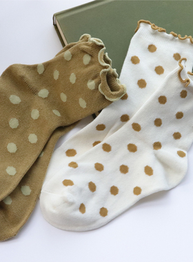 木耳边波点袜子女中筒袜纯棉舒适透气 韩系少女心百搭甜美波点袜