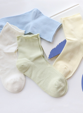 竹纤维中筒袜透气抑菌薄款纯色棉袜百搭卷边袜子女简约日系堆堆袜