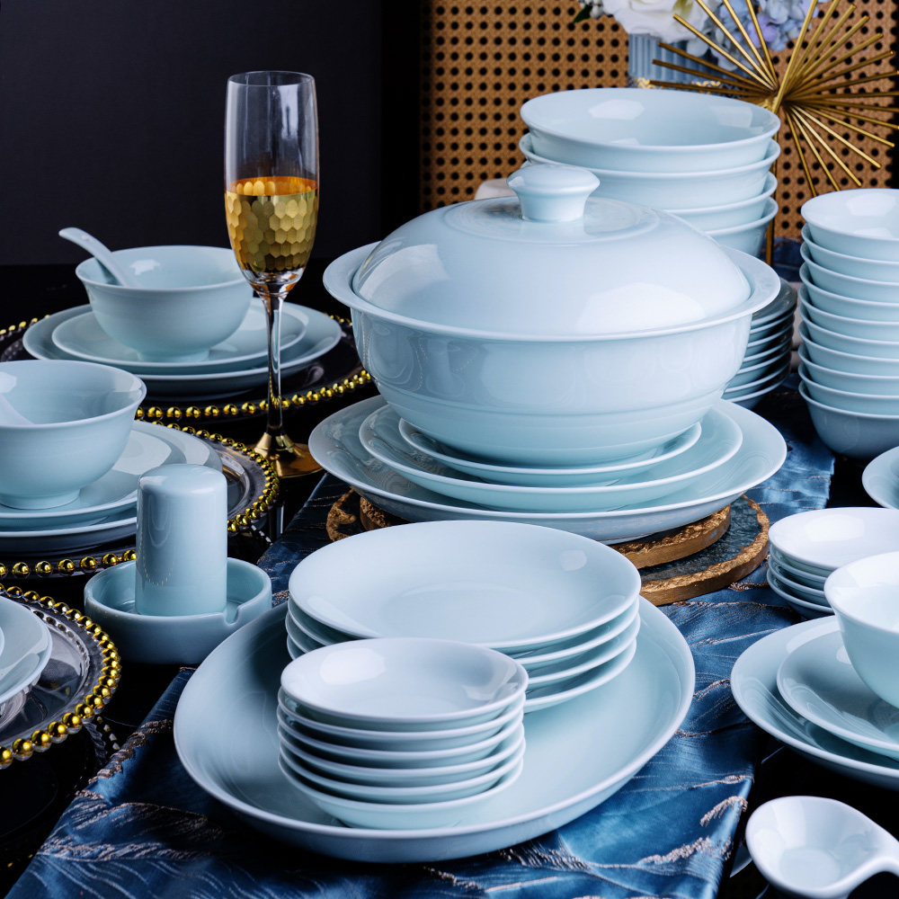 景德镇影青瓷陶瓷餐具碗碟套装家用碗盘高白瓷高温釉下彩碗具正品