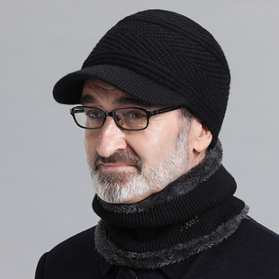 毛线帽子男士 加厚爸爸针织套头保暖防寒风棉帽子中老年鸭舌帽 冬季