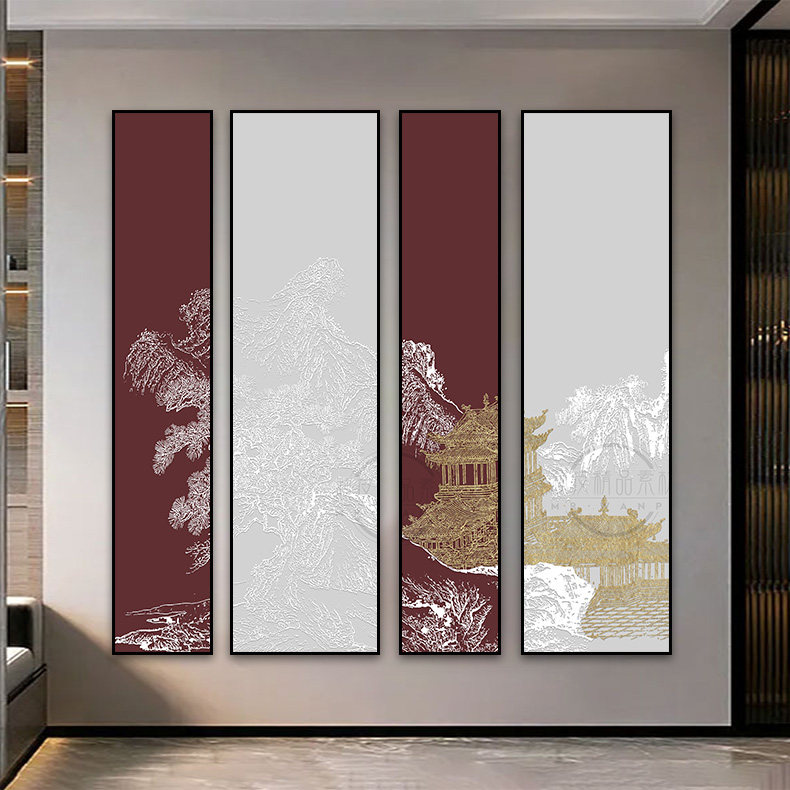 装饰画芯新中式红色手绘线条建筑物金箔客厅玄关四联组合图片素材