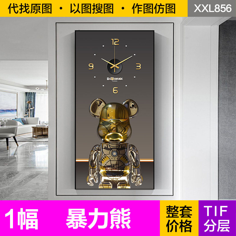 装饰画芯轻奢现代金色暴力熊立体雕塑光影钟表入户玄关图片素材