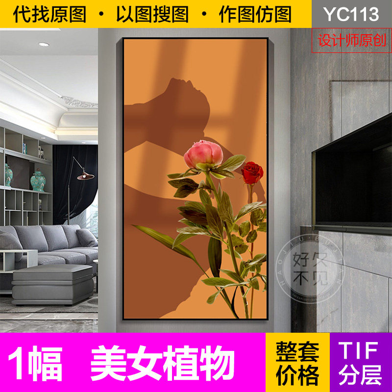 原创装饰画芯轻奢现代橙色美女人物光影植物玄关电子图片设计素材
