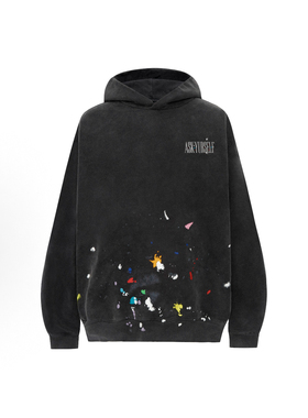 Askyurself高街风泼墨印花连帽卫衣男女同款黑色水洗字母上衣潮