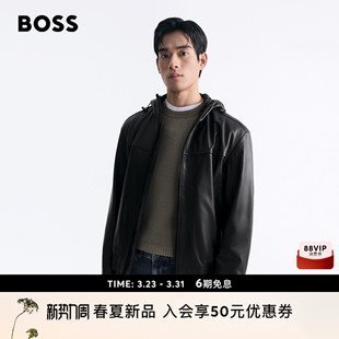 羊皮革 新款 BOSS博斯 26年春季 羊皮革连帽皮衣 男士