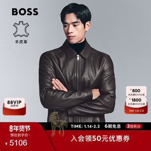 【琥珀流光 羊皮革】BOSS博斯 冬款带拉链常规合身皮衣夹克