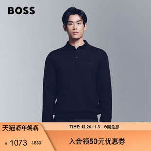 饰长袖 男刺绣装 BOSS博斯 休闲Polo领针织衫 100%羊毛