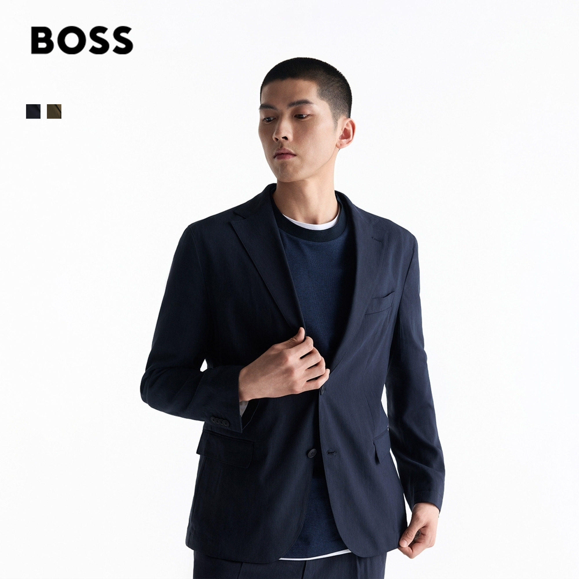 【透汽清爽 可机洗】BOSS博斯 男士弹力亚麻混纺修身西装