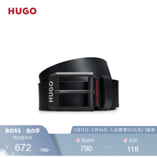 BOSS男士 HUGO 饰搭扣皮革腰带 礼物 哑光黑色徽标装