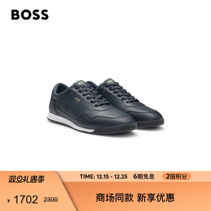 金色徽标皮革运动鞋