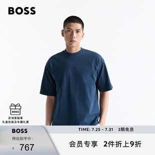 条纹衣袖 BOSS博斯 新款 男士 棉质平纹针织T恤 2025年夏季