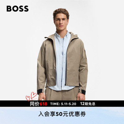 BOSS博斯 男士26春夏新款细华夫格结构饰边袖袋拉链连帽夹克外套