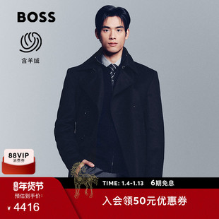 【含羊绒】BOSS博斯男士25年冬款羊毛混纺修身双排扣短款大衣外套