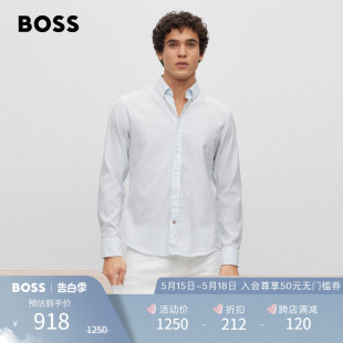 春夏条纹图案棉质和亚麻混纺弹力面料休闲衬衫 BOSS男士 HUGO