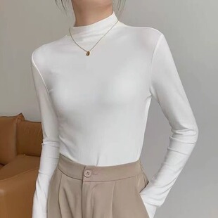 元熙3072秋冬2025新款百搭半高领长袖打底衫女莫代尔高弹面膜T恤