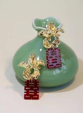 金花新款国潮风红色旗袍喜字耳环