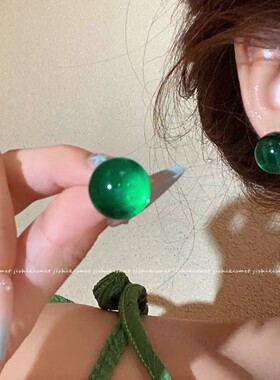 复古森系绿色透明玻璃球无孔耳夹