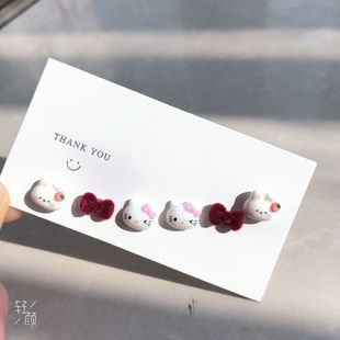 秋冬红色植绒领结树脂耳钉女小巧精致甜美少女心气质耳环磁吸耳饰