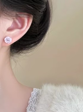 蓝色干枯玫瑰花耳钉女2025新款温柔甜美气质渐变山茶花时尚耳饰