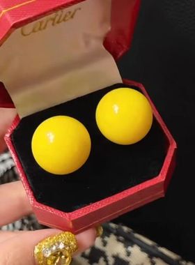 蓝绿色复古港风极简显白高腰珠珠耳钉小众百搭立体球球黄色耳环