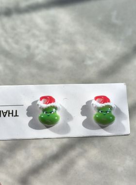 愤怒款卡通绿毛怪圣诞系列树脂耳钉学生可爱防敏耳饰无孔磁吸耳夹