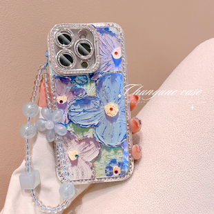 iphone15pro女款 唯美油画花朵适用苹果16promax手机壳2025新款 超好看带挂绳14镜头支架13防摔相机按键全包