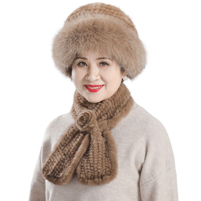 老太太妈妈狐狸毛围巾皮草帽子