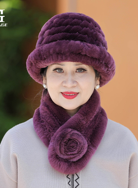 獭兔毛皮草帽子女冬季中老年人加厚保暖老太太奶奶妈妈冬天帽围巾