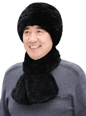 男士帽冬季加厚保暖獭兔毛编织冬天中老年人父亲爸爸皮草帽子围巾
