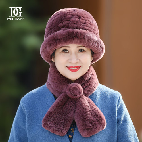 中老年女妈妈保暖皮草帽子围巾