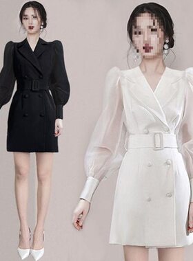 2023春装长袖连衣裙女包臀泡泡袖网纱拼接双排扣职业西服
