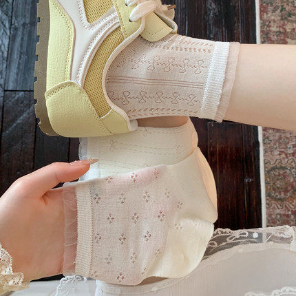 miu系白色蕾丝花边袜子女夏季薄款圆点无骨短袜网眼透气棉袜短筒