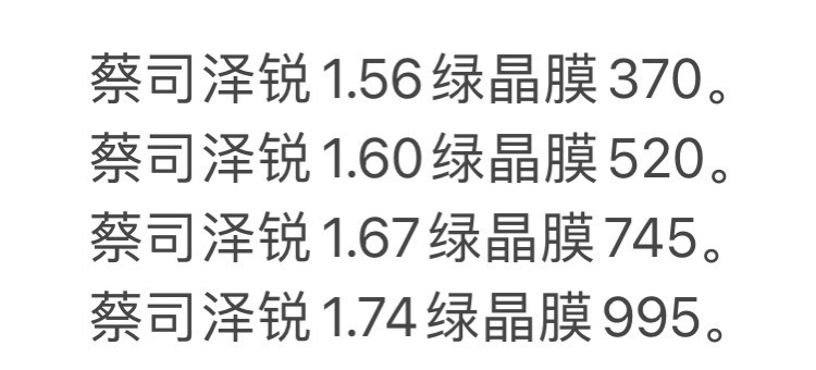 蔡司泽锐1.67绿晶膜镜片375米 可蔡司配镜原厂加工可配近视眼镜片