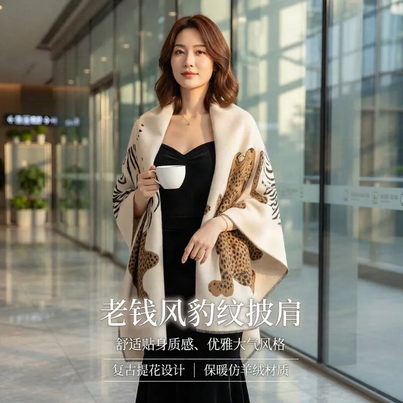 豹子斑马纹披肩女 秋冬加厚仿羊绒大围巾 轻奢提花保暖外搭长巾