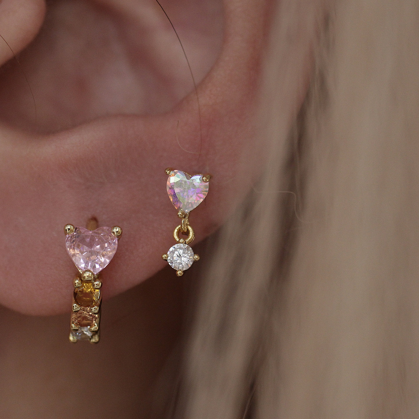 糖果色韩国爱心耳骨钉镶钻粉色耳扣女韩国甜酷风桃心耳环甜美耳圈