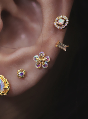 韩国偏光彩钻耳骨钉通透几何耳钉AB钻迷你小耳朵粗杆女桃心耳蜗钉