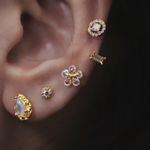 韩国偏光彩钻耳骨钉通透几何耳钉AB钻迷你小耳朵粗杆女桃心耳蜗钉