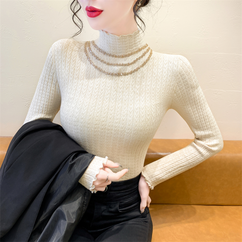 实拍 2025秋冬新款钉珠针织毛衣女时尚洋气长袖修身打底衫