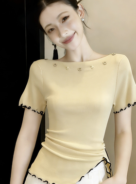设计感木耳边针织短袖t恤女夏季一字领铆钉装饰独特不撞款小上衣