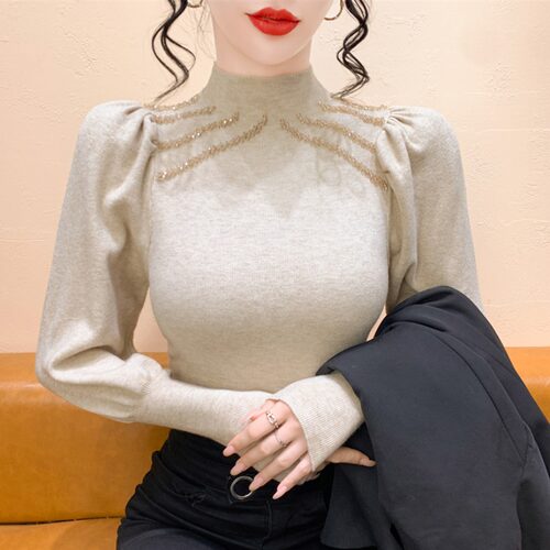 实拍 法式复古半高领钉钻打底针织衫女内搭套新款灯笼袖毛衣