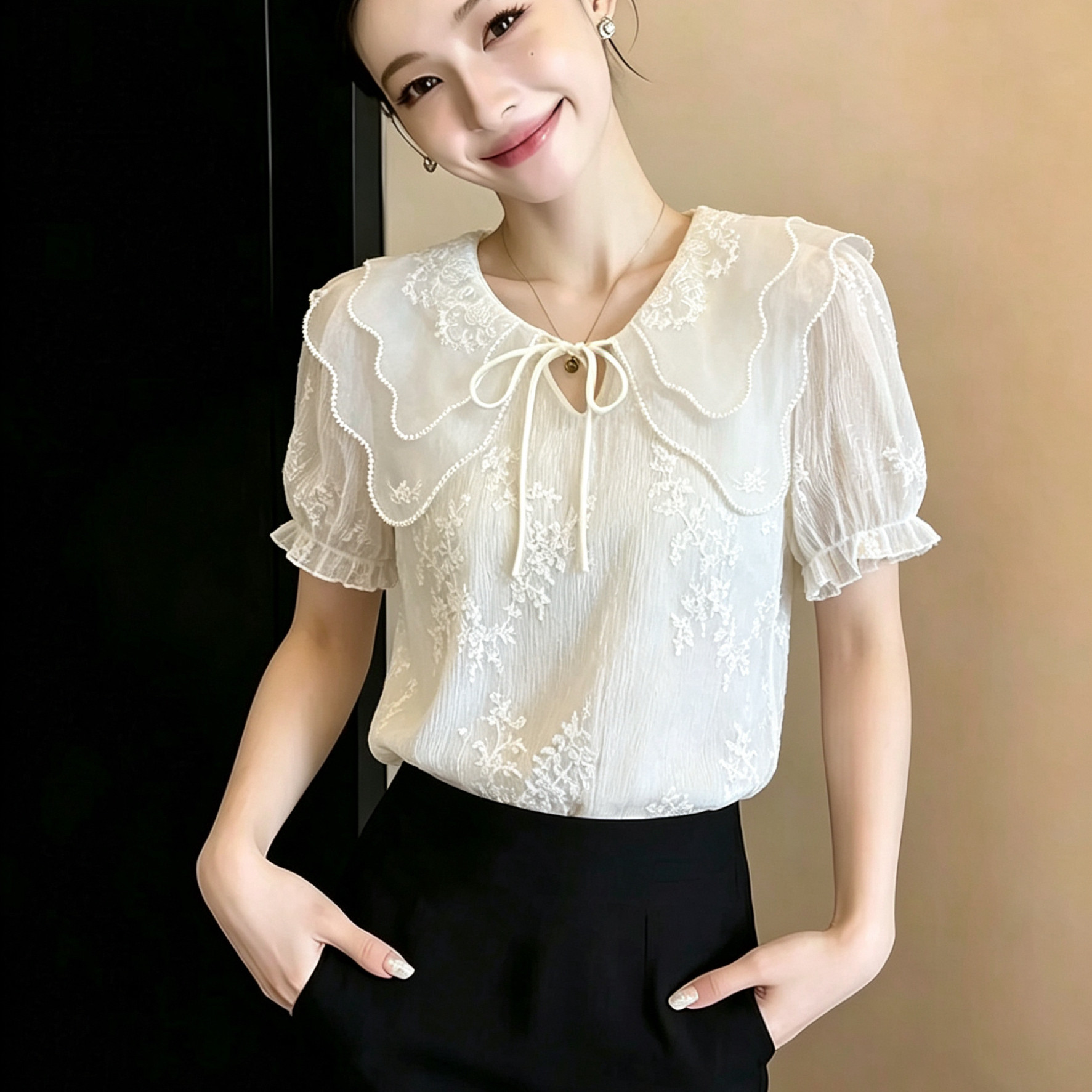 娃娃领蕾丝刺绣雪纺短袖衬衫女2T恤