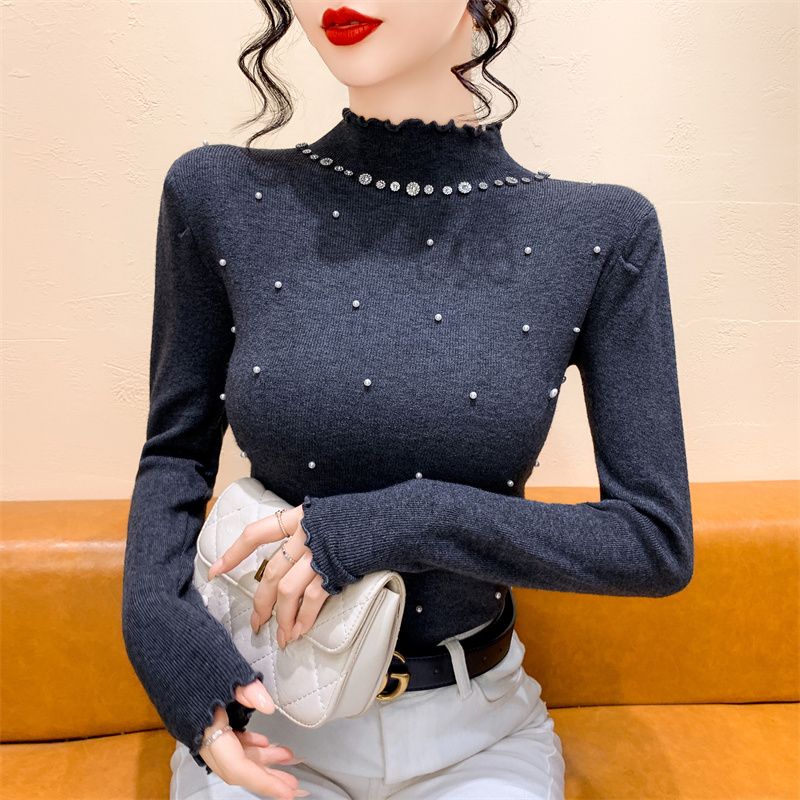 实拍 半高领长袖钉珠针织衫秋冬新款显瘦修身百搭打底衫毛衣