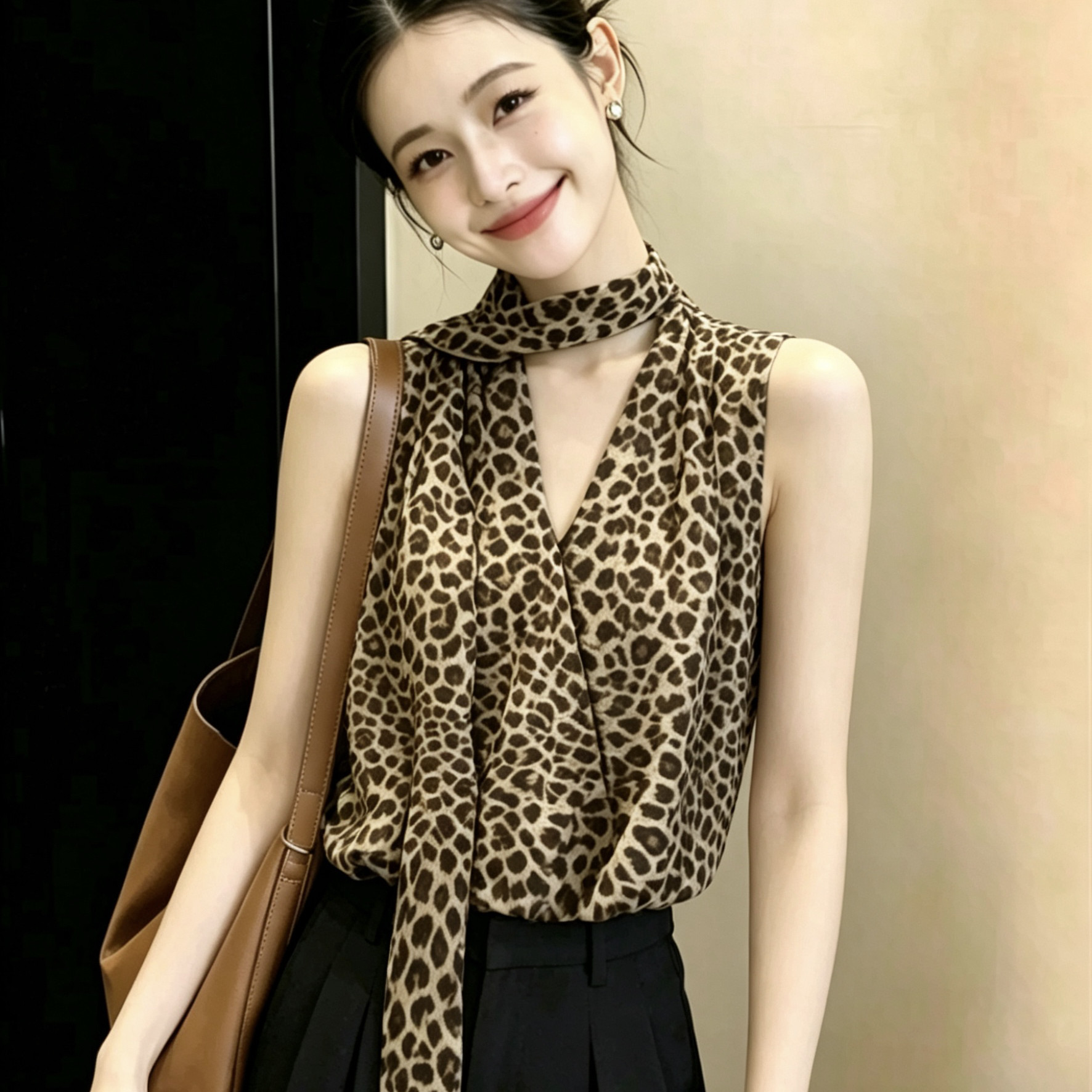 洋气V领无袖飘带波点雪纺衬衫女夏装新款气质显瘦上衣御姐风小衫